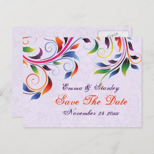 Kleurrijke scroll blad paarse bruiloft Save the Da Aankondigingskaart (Voorkant / Achterkant)