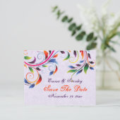 Kleurrijke scroll blad paarse bruiloft Save the Da Aankondigingskaart (Staand voorkant)