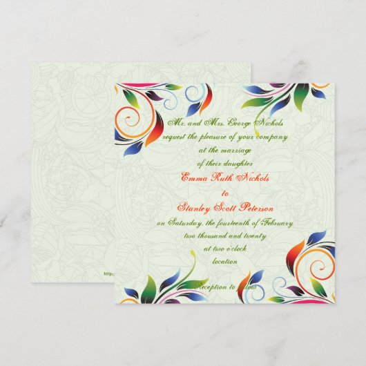 Kleurrijke scrollblad, bleke limoen huwelijksuitno kaart (Voorkant / Achterkant)