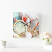 Kleurrijke Seashells op het strand waterverf schil Vierkante Klok (Huis)