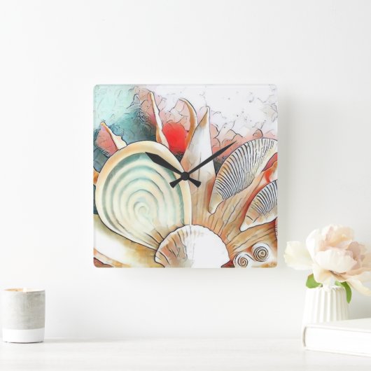 Kleurrijke Seashells op het strand waterverf schil Vierkante Klok (Huis)