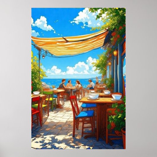 Kleurrijke Seaside Café Al Fresco Patio Poster (Voorkant)