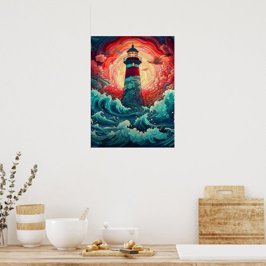 Kleurrijke Seaside Lighthouse Wall Print (Keuken)