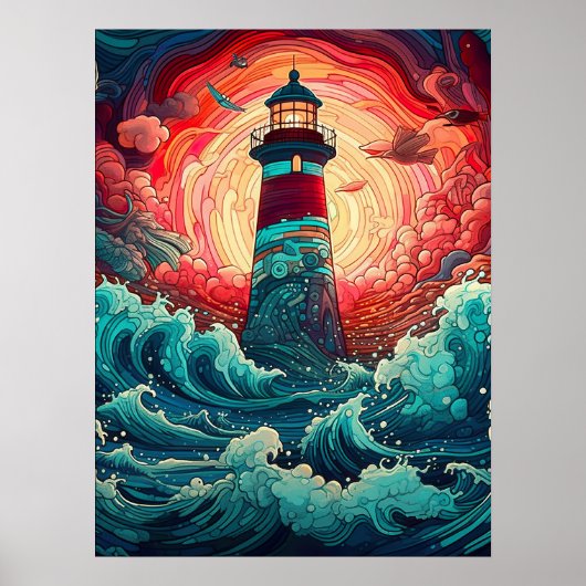 Kleurrijke Seaside Lighthouse Wall Print (Voorkant)