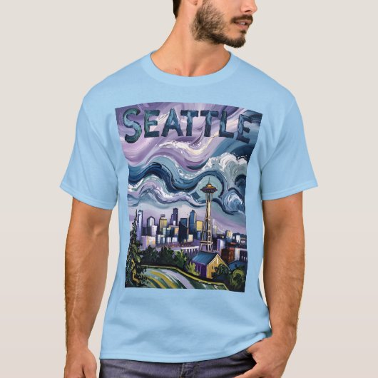 Kleurrijke Seattle Skyline Van Gogh schilderij Rei T-shirt (Voorkant)
