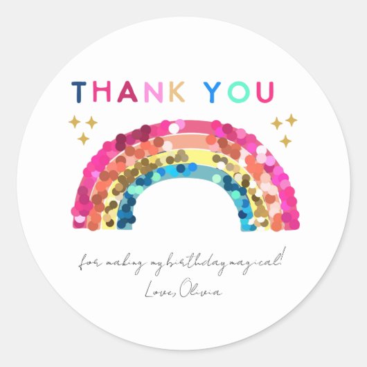 Kleurrijke Sequin Rainbow verjaardag bedankt Ronde Sticker (Voorkant)