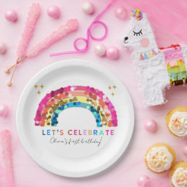 Kleurrijke Sequin Rainbow verjaardag elke leeftijd Papieren Bordje