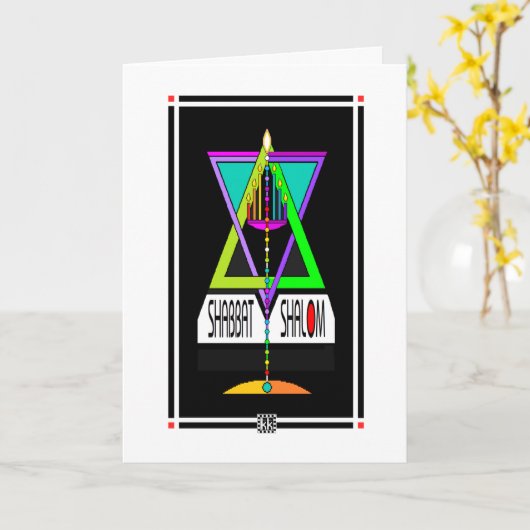 Kleurrijke Shabbat Shalom Menorah in Magen David Kaart (Gele Bloem)