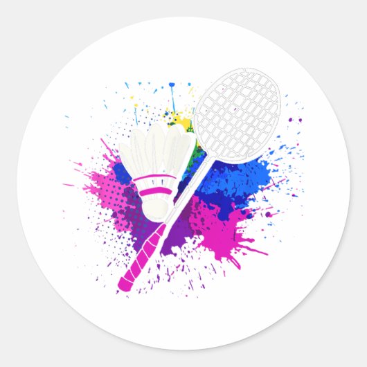 Kleurrijke Shuttle Racket _ Badminton Speler Ronde Sticker (Voorkant)