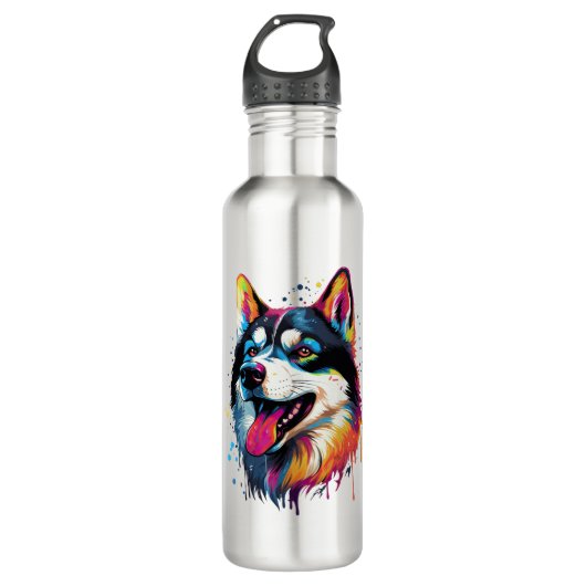 kleurrijke Siberische Husky hond in PopArt stijl Waterfles (Voorkant)