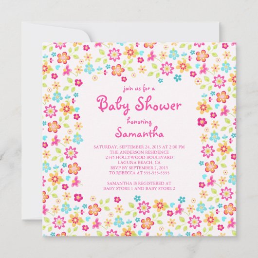 Kleurrijke sierlijke bloemen baby douche uitnodigi kaart (Voorkant)