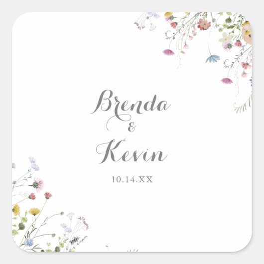 Kleurrijke sierlijke wilde bloem bruiloft envelop  vierkante sticker (Voorkant)