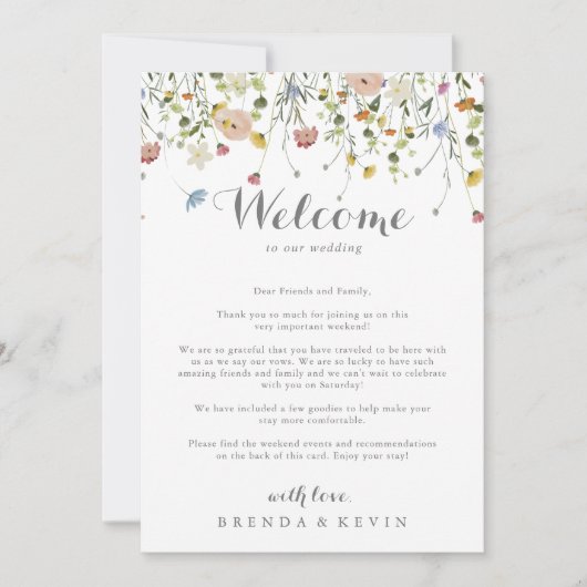 Kleurrijke sierlijke wilde bloem bruiloft welkomst (Voorkant)
