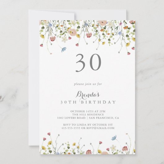 Kleurrijke sierlijke wilde bloemen 30e verjaardags kaart (Voorkant)
