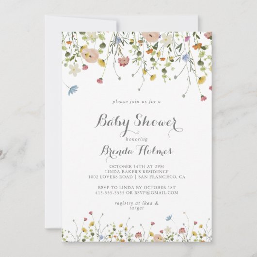 Kleurrijke sierlijke wilde bloemen Baby shower Kaart (Voorkant)