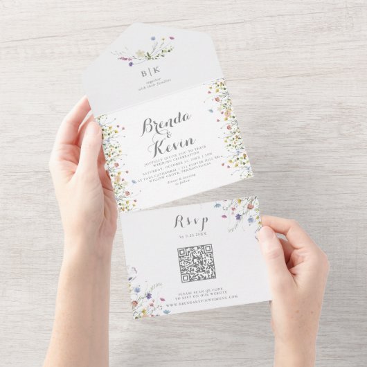 Kleurrijke sierlijke wilde bloemen bruiloft all in one uitnodiging (Afscheurbaar)