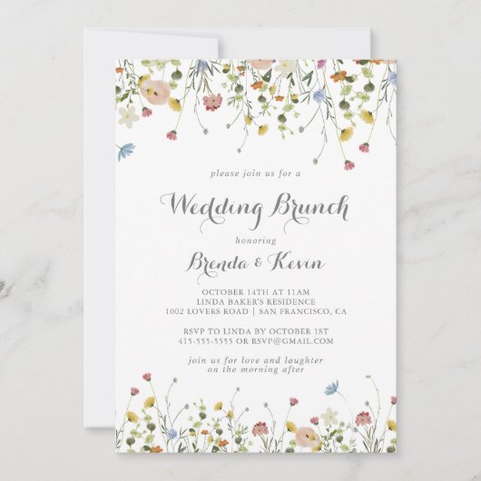 Kleurrijke sierlijke wilde bloemen bruiloft brunch kaart (Voorkant)