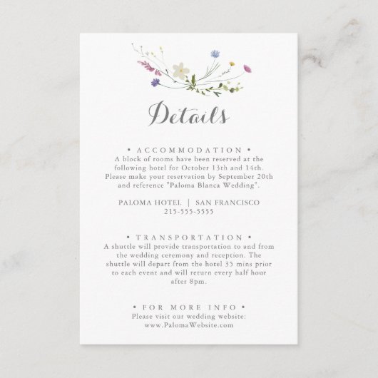 Kleurrijke sierlijke wilde bloemen bruiloft detail informatiekaartje (Voorkant)