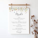 Kleurrijke sierlijke wilde bloemen bruiloft Drinke Poster<br><div class="desc">Dit kleurrijke sierlijke wilde bloemen bruiloft drinken menu teken is ideaal voor een rustieke bruiloft. Het ontwerp is voorzien van handbeschilderde waterverf met mooie roze,  blush,  blauw,  marineblauw,  geel,  paarse en groene wilde bloemen.</div>