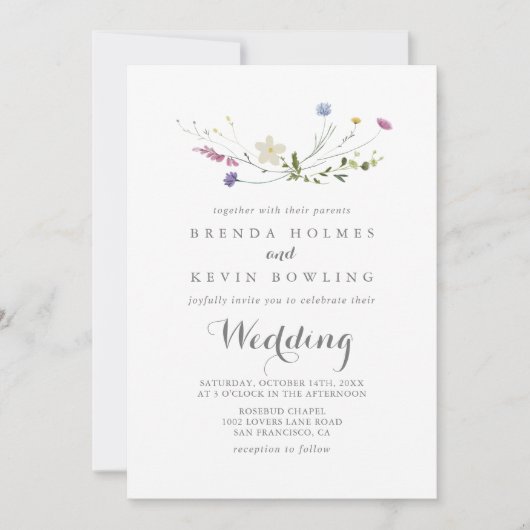 Kleurrijke sierlijke wilde bloemen bruiloft kaart (Voorkant)