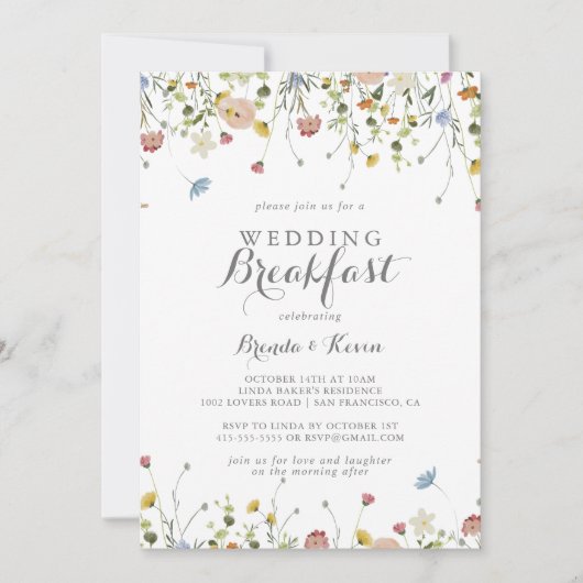 Kleurrijke sierlijke wilde bloemen bruiloft ontbij kaart (Voorkant)