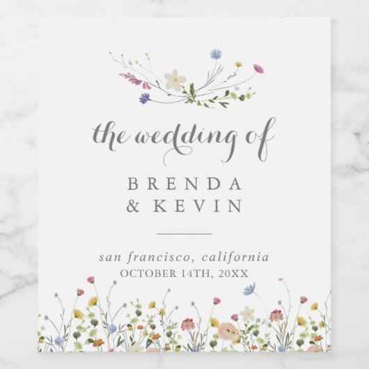 Kleurrijke sierlijke wilde bloemen bruiloft wijn l wijn etiket (Enkel label)