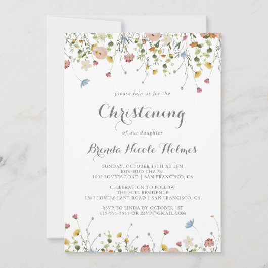 Kleurrijke sierlijke wilde bloemen doopsel kaart (Voorkant)