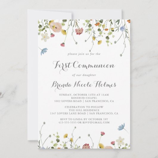 Kleurrijke sierlijke wilde bloemen eerste communie kaart (Voorkant)