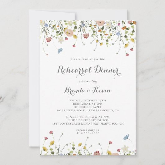 Kleurrijke sierlijke wilde bloemen repetitie diner kaart (Voorkant)