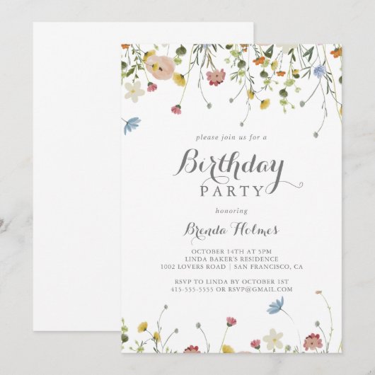 Kleurrijke sierlijke wilde bloemen verjaardagsfees kaart (Voorkant / Achterkant)