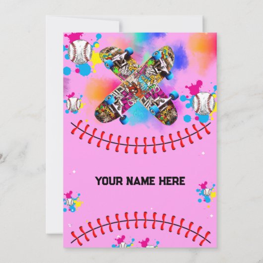 Kleurrijke skateboard graffiti honkbal roze feest kaart (Achterkant)