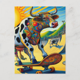 Kleurrijke Skateboardende Koe Briefkaart