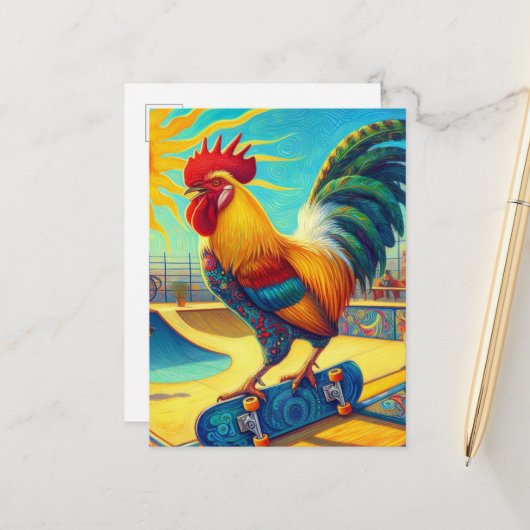 Kleurrijke Skateboarding Rooster Briefkaart (Voorkant / Achterkant in situ)
