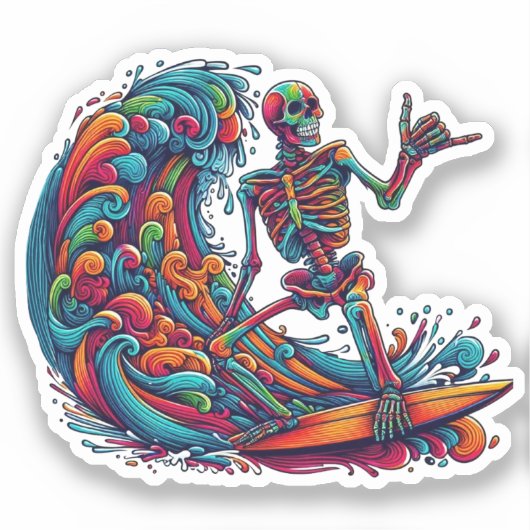 Kleurrijke Skeleton Surfer Sticker (Voorkant)