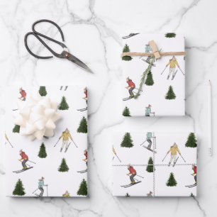 Kleurrijke Skiërs Festieve Waterverf Winter Patroo Inpakpapier Vel
