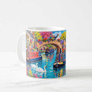 Kleurrijke smalle boten in een Brits kanaaldorp Koffiemok