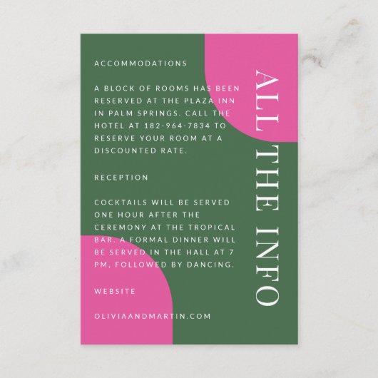 Kleurrijke Smaragd Groene en Roze Bruiloft Details Informatiekaartje (Voorkant)