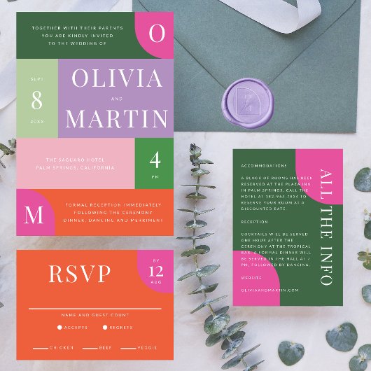 Kleurrijke Smaragd Groene en Roze Bruiloft Details Informatiekaartje