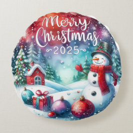 Kleurrijke Sneeuwman & Kerstversiering Kerstkussen Rond Kussen