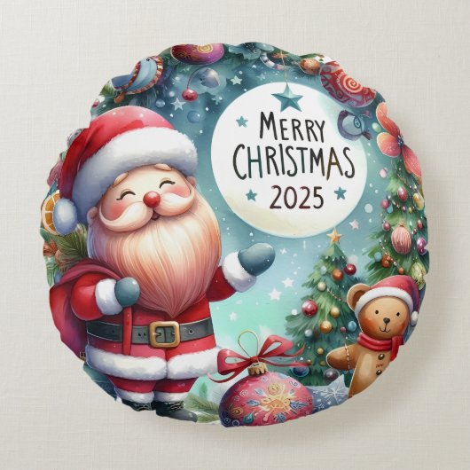 Kleurrijke Sneeuwman & Ornamenten Kerstkussen Rond Kussen (Voorkant)