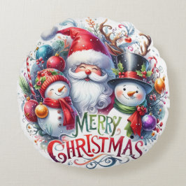 Kleurrijke Sneeuwman & Ornamenten Kerstkussen Rond Kussen