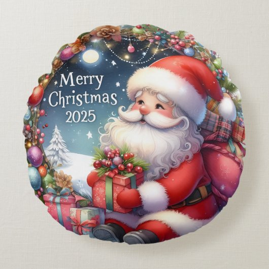 Kleurrijke Sneeuwman & Ornamenten Kerstkussen Rond Kussen (Voorkant)