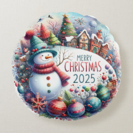 Kleurrijke Sneeuwman & Ornamenten Kerstkussen Rond Kussen