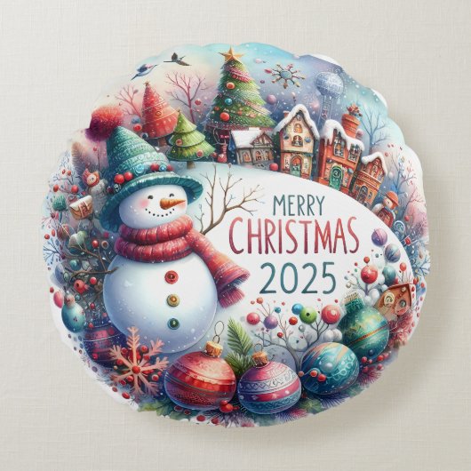 Kleurrijke Sneeuwman & Ornamenten Kerstkussen Rond Kussen (Voorkant)