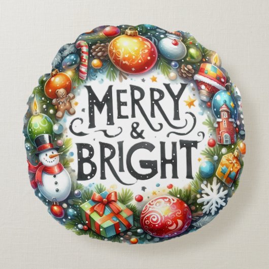 Kleurrijke Sneeuwman & Ornamenten Kerstkussen Rond Kussen (Voorkant)