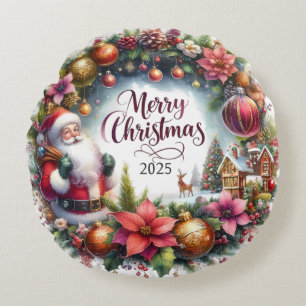 Kleurrijke Sneeuwman & Ornamenten Kerstkussen Rond Kussen