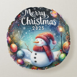 Kleurrijke Sneeuwman & Ornamenten Kerstkussen Rond Kussen