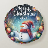 Kleurrijke Sneeuwman & Ornamenten Kerstkussen Rond Kussen (Achterkant)