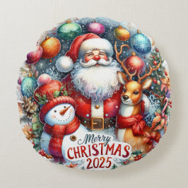 Kleurrijke Sneeuwman & Ornamenten Kerstkussen Rond Kussen