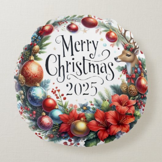 Kleurrijke Sneeuwman & Ornamenten Kerstkussen Rond Kussen (Voorkant)